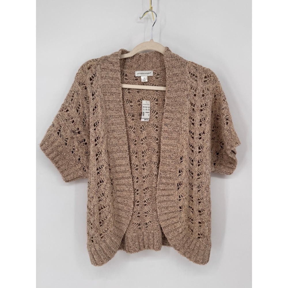 Christopher & Banks Wool Cardigan Women M Tan NWT Short Sleeve Pointelle Shrug